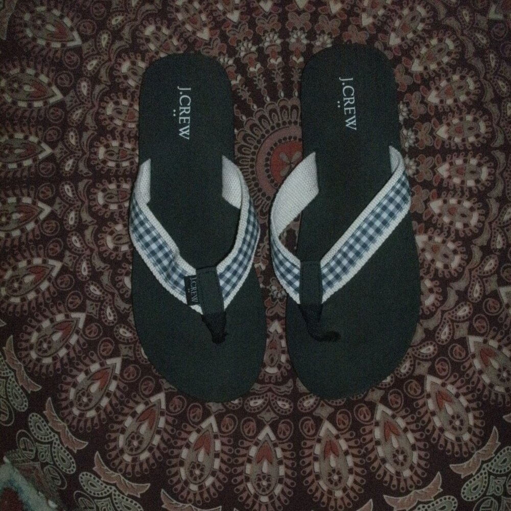 J. Crew Blue & White Gingham Black Flip Flops Sandals Shoes size 11